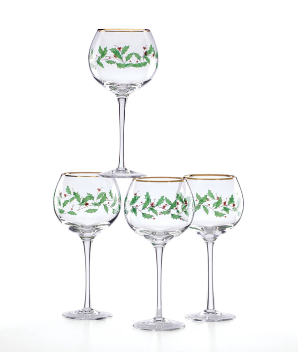 Lenox Holiday Holly Berry Balloon Wine Glasses with 24k Gold Accents Festive Set of 4 856101