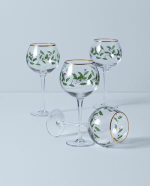 Lenox Holiday Holly Berry Balloon Wine Glasses with 24k Gold Accents Festive Set of 4 856101