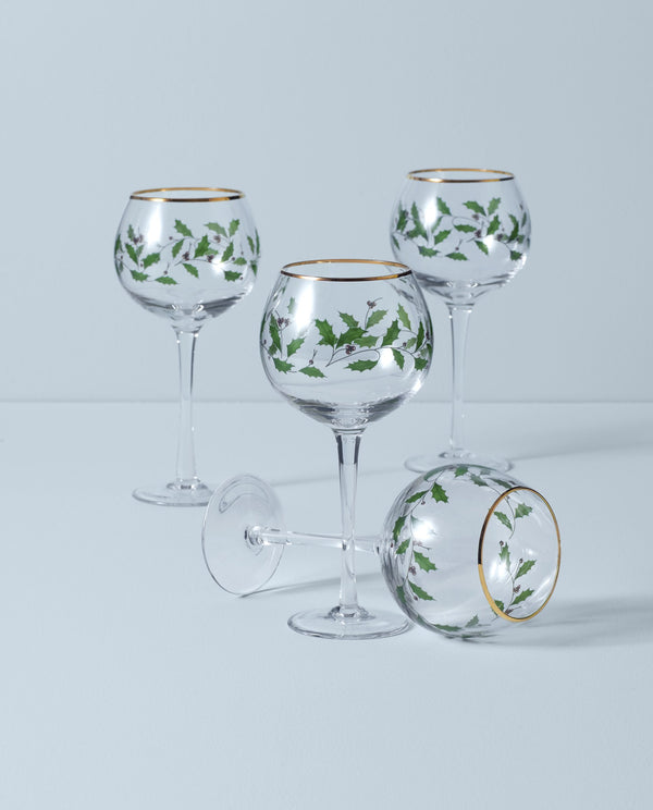 Lenox Holiday Holly Berry Balloon Wine Glasses with 24k Gold Accents Festive Set of 4 856101