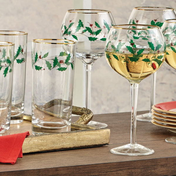 Lenox Holiday Holly Berry Balloon Wine Glasses with 24k Gold Accents Festive Set of 4 856101