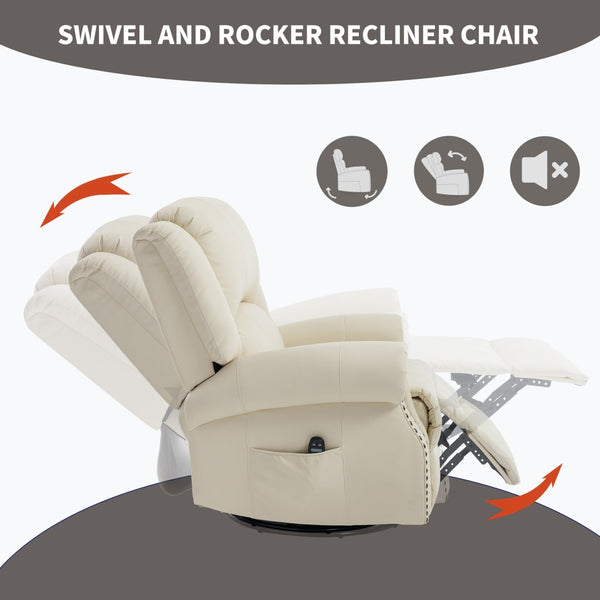 English Elm Heat Massage Rocker Swivel Recliner Chair with Lumbar Relief Nodes for Living Room Beige W3224S00028