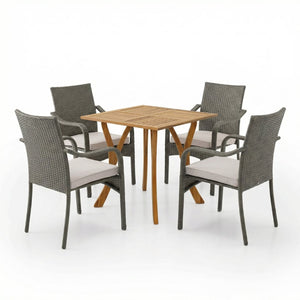 English Elm 5 Piece Outdoor Acacia Wood Dining Set with Wicker Chairs and Weather Resistant Cushions N773OD00149G