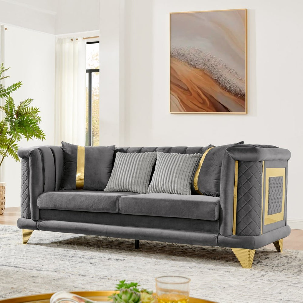 English Elm 89 Inch Gray Velvet Tufted Sofa Gold Steel Trim Victorian Mid-century Living Room W1191S00103