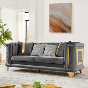 English Elm 89 Inch Gray Velvet Tufted Sofa Gold Steel Trim Victorian Mid-century Living Room W1191S00103