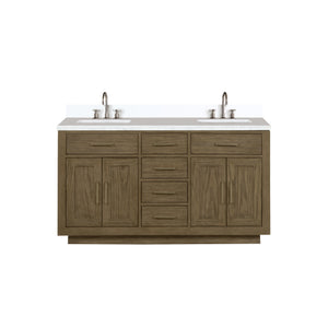 English Elm Grey Oak Double Bath Vanity 60" W x 22" D with White Quartz Top, Chrome Gooseneck Faucets, Soft-Close B2731P257753