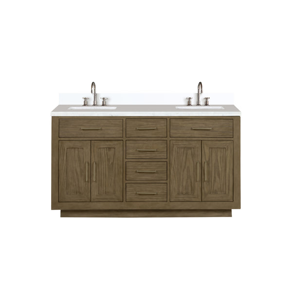 English Elm Grey Oak Double Bath Vanity 60" W x 22" D with White Quartz Top, Chrome Gooseneck Faucets, Soft-Close B2731P257753