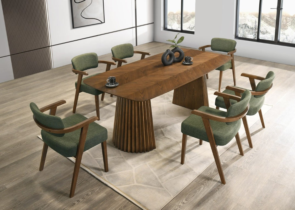 VIG Furniture Sacks Mid-Century Dining Table With Walnut Herringbone Veneer, Double Pedestal Seats 6, 78.75" VGMA-MIT-5451-WAL