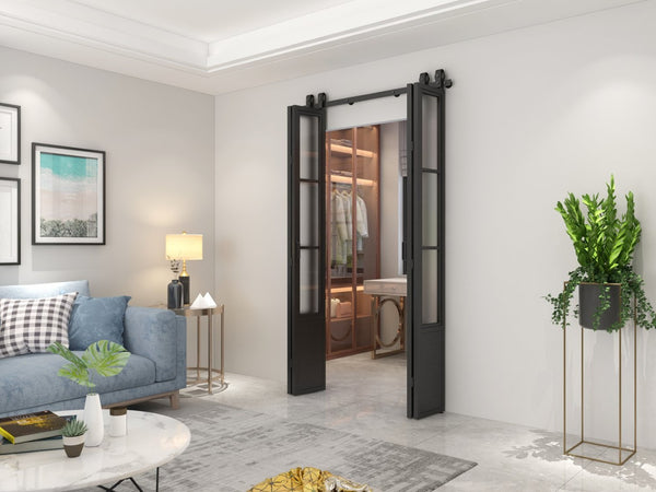 English Elm 30 in Matte Black Steel Sliding Barn Door Frosted Glass Privacy Panel with Hardware B2763P483213