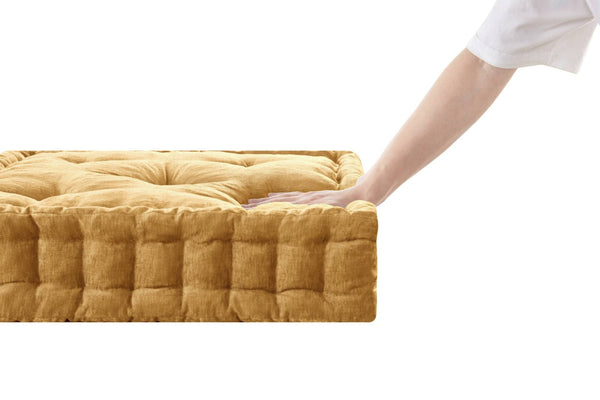 English Elm 1- Piece Tufted Chenille Floor Cushion with Scalloped Edge for Bohemian Living Spaces Yellow B035P482972