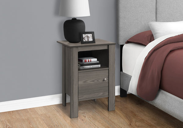 English Elm Accent Table Elegant Transitional Nightstand with Cabinet & Open Shelf, Brown Laminate, Sturdy Legs Grey 28 L x 18 W x 6 H B2710P218956