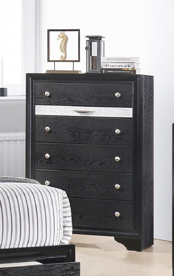 English Elm Modern Luxury Glam 5-Drawer Chest with Jewel Tray and Dustproof Bottom, Solid Wood Storage Elegance Black 37.3 L x 19.5 W x 54.4 H B011P234314