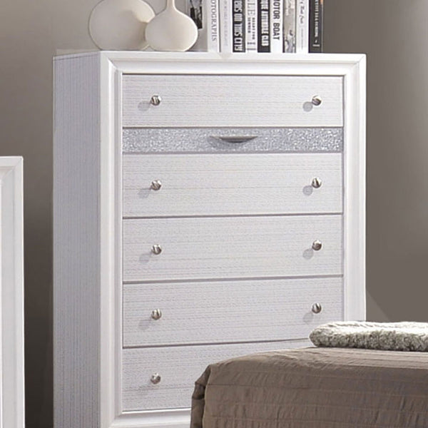 English Elm Contemporary Chic Chest with Gold Accents, Acrylic Trim, Metal Bracket Legs and Dust‑Proof Drawers White 38 L x 20 W x 56 H B2741P375928