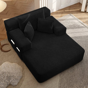 English Elm Luxurious Corduroy Convertible Chaise Lounge Sofa Bed with Foam Support for Apartments Black W3219P449015