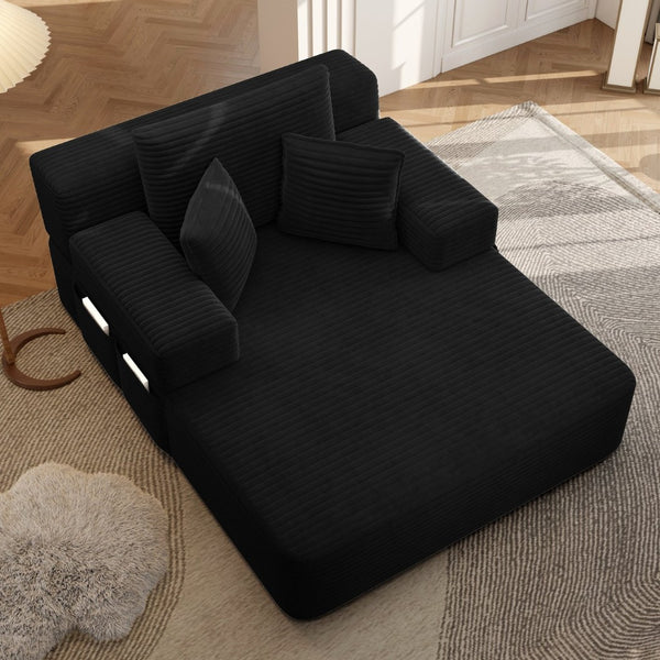 English Elm Luxurious Corduroy Convertible Chaise Lounge Sofa Bed with Foam Support for Apartments Black W3219P449015