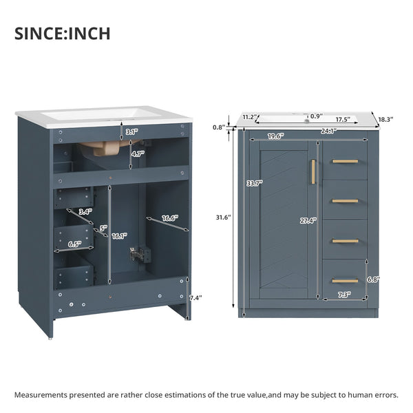 English Elm 24" Bathroom Vanity With Ceramic Sink - Stylish Blue Cabinet, Soft-Close Drawers & Modern Elegance N710P341038C