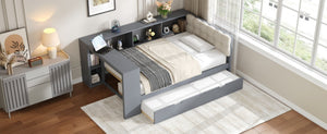 English Elm Wood Twin Platform Bed Linen Headboard Storage Shelves Trundle Charging Station Gray N709P004023E