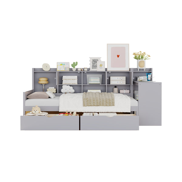 English Elm Twin L-Shape Daybed with Storage, 3 Cabinets & 2 Drawers, Built-In Desk Bookshelf, Gray Twin N733S247070E