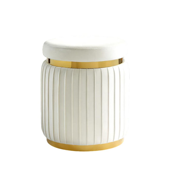 English Elm Contemporary Plush Pleated Round Ottoman Stool with Gold Trim Base, Velvet-Like Accent Seat for Living Room White 16 L x 16 W x 19 H B2741P388359