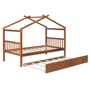 English Elm Twin House Bed with Pull Out Trundle Solid Pine Wood Frame Walnut Kids Room N708P309238L