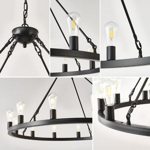 English Elm 39.4 Inch Wagon Wheel Chandelier 12-light Matte Black Farmhouse Pendant for Foyer Dining W5008P389282