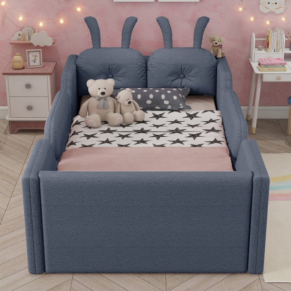 English Elm Twin Kids Platform Bed Teddy Fabric Upholstered with Bunny Cushions and Safety Rails Gray W2593P395809