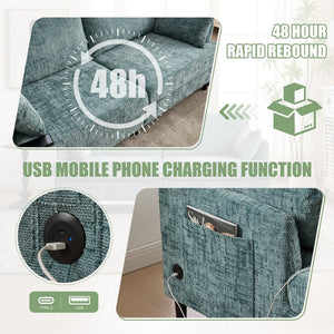 English Elm Modern chenille 2-seater sofa with LED, USB charging, storage pocket, solid wood legs, durable comfort Lake Blue W395P318545