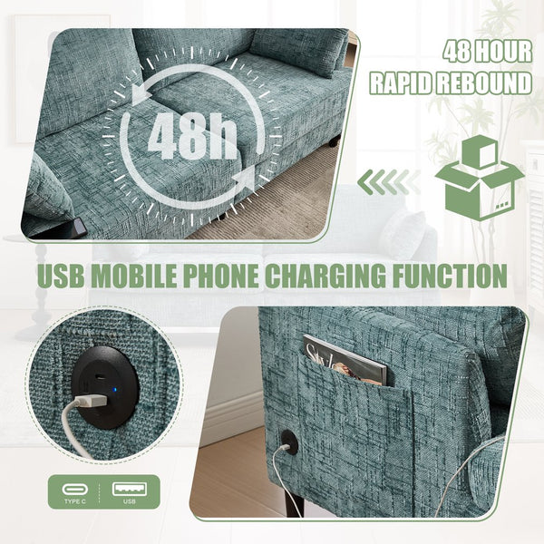 English Elm Modern chenille 2-seater sofa with LED, USB charging, storage pocket, solid wood legs, durable comfort Lake Blue W395P318545