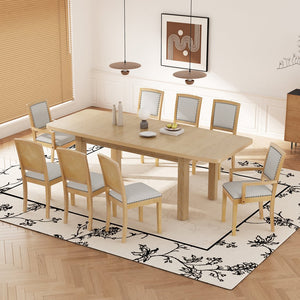 English Elm TOPMAX Rustic Extendable Dining Set with 84" Table and 24" Leaf, 9-Piece Wood Frame, Upholstered Chairs Natural+Grey SP000038AAD