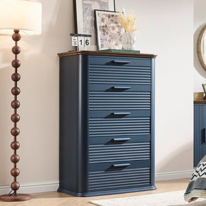English Elm 6 Drawer Tall Fluted Chest with Waveform Fronts Slim Wooden Storage for Modern Bedroom Navy Blue T5326P425093