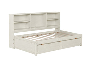 English Elm Twin Storage Bed with Bookcase Headboard Built-in Usb Charging and Two Drawers Creamy White W697S00037