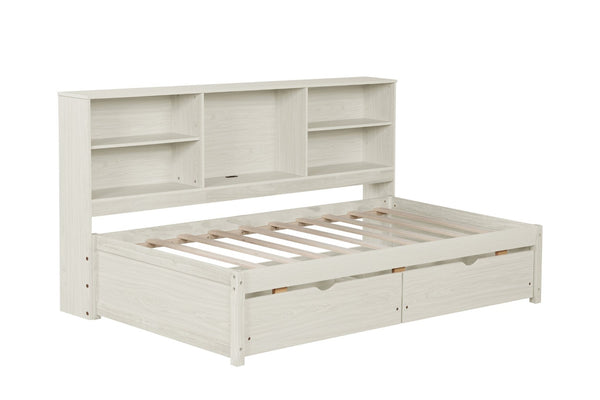 English Elm Twin Storage Bed with Bookcase Headboard Built-in Usb Charging and Two Drawers Creamy White W697S00037