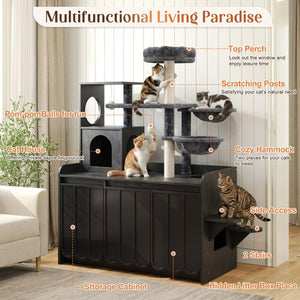 English Elm 50.6" Modern Cat Tower with Hidden Litter Enclosure Sisal Posts and Dual Hammocks N704P443505B