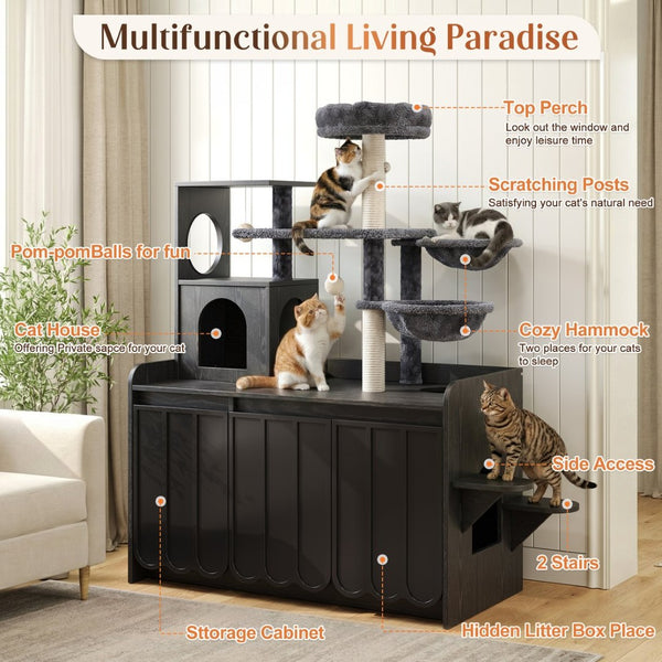 English Elm 50.6" Modern Cat Tower with Hidden Litter Enclosure Sisal Posts and Dual Hammocks N704P443505B