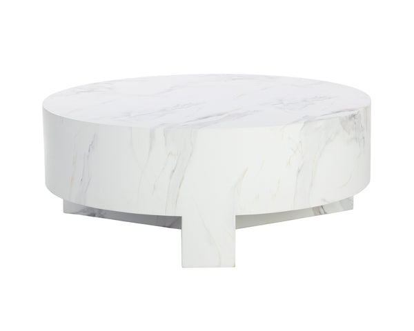 Sunpan Mirella Coffee Table - Modern Circular Design in Sealed Concrete with White Marble Finish & Unique Veining