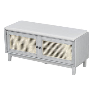 English Elm Trexm Bohemian Rattan Storage Bench Cushioned Seat Shoe Cabinet for Entryway Beige,Gray Wash N715P308012E