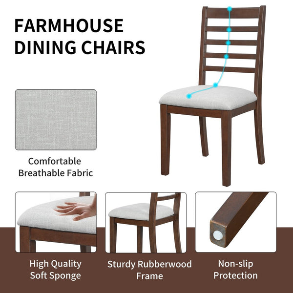 English Elm 2-piece Farmhouse Ladder Back Dining Chair Set Rubberwood Frame Upholstered Seat Kitchen Beige,Walnut N752P436723D