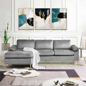English Elm Coastal Tufted Velvet L-shaped Sectional Sofa with Brass Gold Legs Mid-century Glam Gray B2730S00016