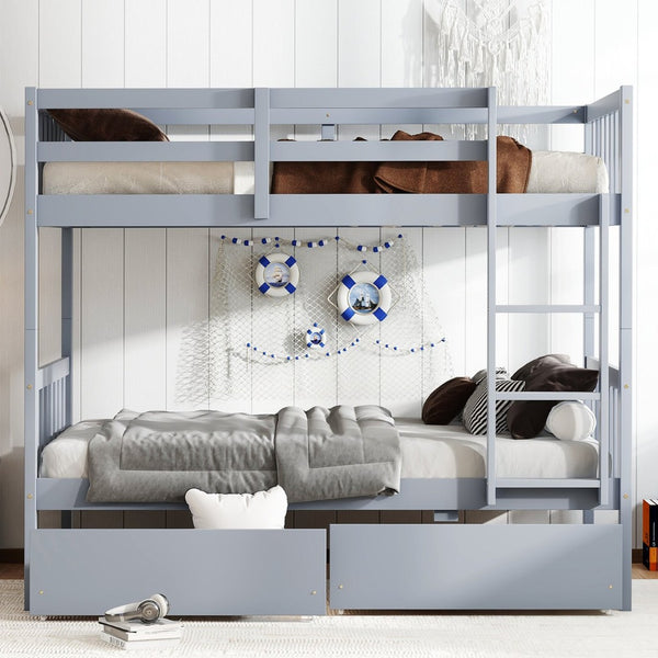 English Elm Twin Bunk Bed With Drawers - Space-Saving Convertible Twin Over Twin Design In Grey With Safety Features W504S00198-GIGA