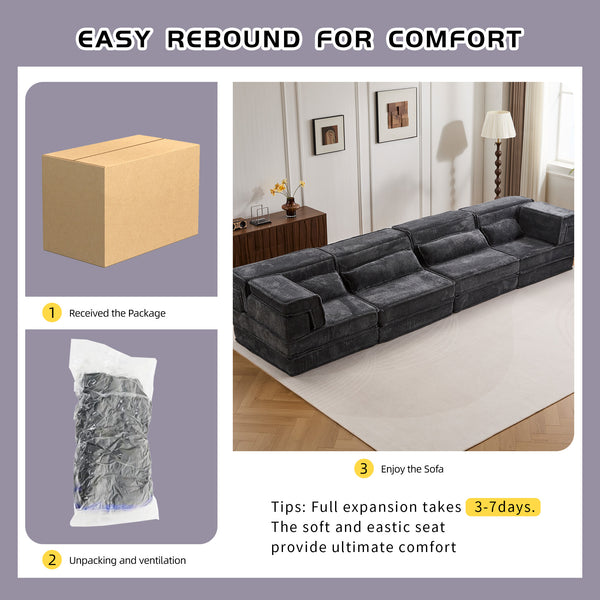English Elm Compression Modular Floor Sofa Bed - Cozy, No Assembly, Soft Fleece, Versatile 4-Seater With Pillows! W3723S00033