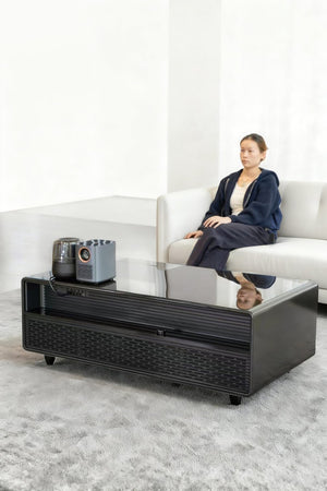 English Elm Modern Coffee Table with Built in Fridge Power Outlets and 135l Cold Storage Black W1172P483602