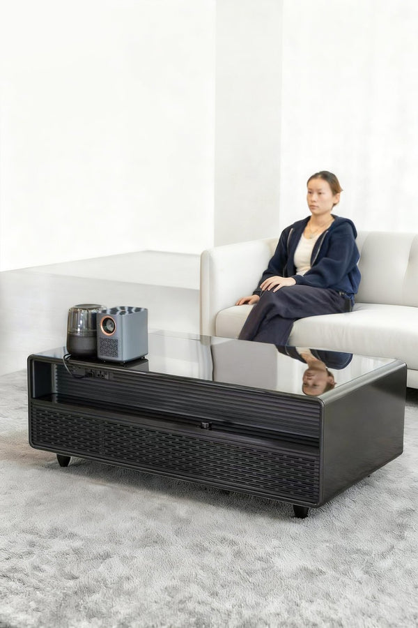 English Elm Modern Coffee Table with Built in Fridge Power Outlets and 135l Cold Storage Black W1172P483602