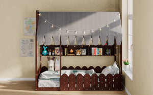 English Elm {slats Are Not Included} Twin Montessori House Floor Bed Kids Tent Lights Shelves Pinewood Frame Espresso N708P407962P