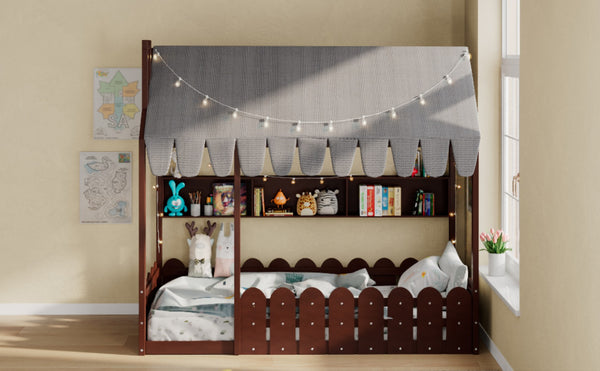 English Elm {slats Are Not Included} Twin Montessori House Floor Bed Kids Tent Lights Shelves Pinewood Frame Espresso N708P407962P