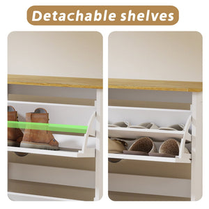 English Elm Shoe Storage Cabinet - Stylish Antique White Organizer With 4 Flip Drawers & Adjustable Shelf For Entryway W1120P290633-GIGA