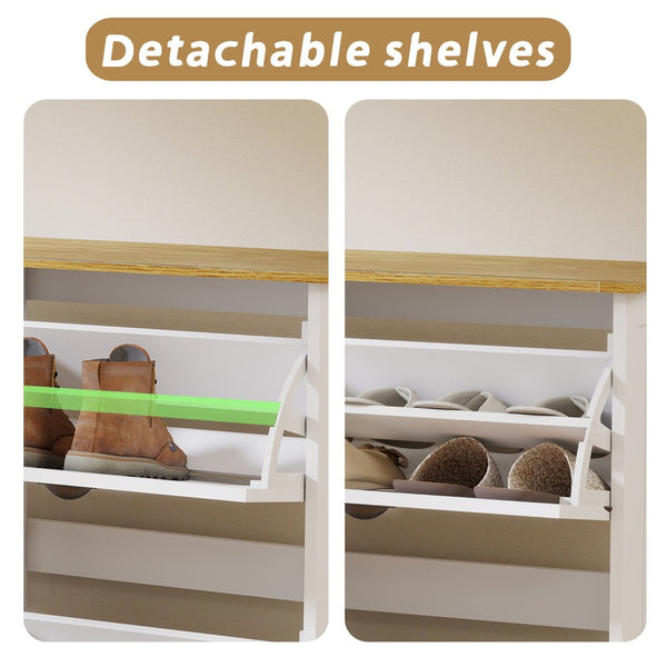 English Elm Shoe Storage Cabinet - Stylish Antique White Organizer With 4 Flip Drawers & Adjustable Shelf For Entryway W1120P290633-GIGA