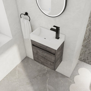 English Elm 18'' Floating Wall Vanity with Resin Sink, Open Shelf Storage, Eco-Friendly Plywood, Soft-Close Door Plaid Grey Oak W99936248