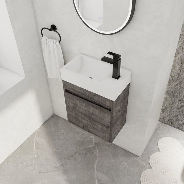 English Elm 18'' Floating Wall Vanity with Resin Sink, Open Shelf Storage, Eco-Friendly Plywood, Soft-Close Door Plaid Grey Oak W99936248