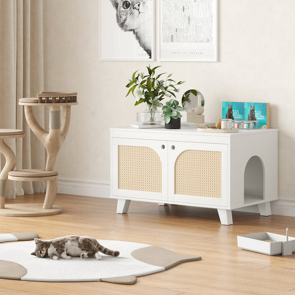 English Elm Flip Top Hidden Cat Litter Box Enclosure with Rattan Doors, Flip-Top Access, Odor Control, Stylish Table Ready White T3623P354972