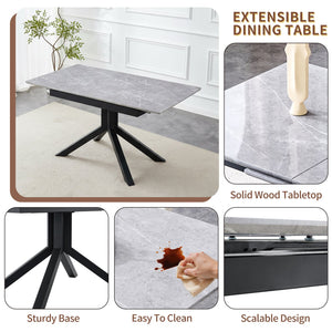 English Elm Modern Extendable Rectangular Dining Table with Scratch‑Resistant MDF Top and Matte Geometric Legs, Space‑Saving Centerpiece for Home or Office W3493S00008