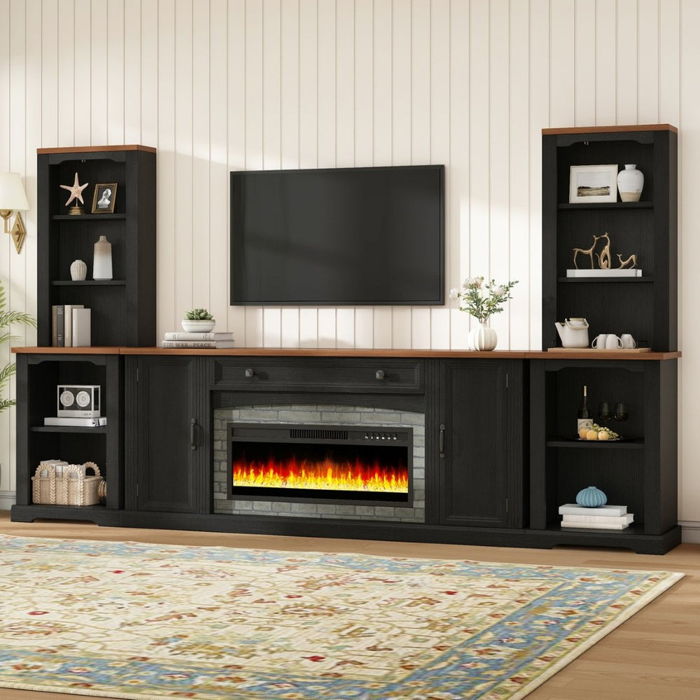 English Elm 3-piece Farmhouse Entertainment Center with Curved Cabinets Walnut Mdf Modular Living Room Black N721S000072B